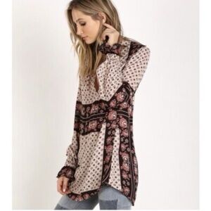 Free People Cream and Brown Graphic Tunic Relaxed Long Sleeve